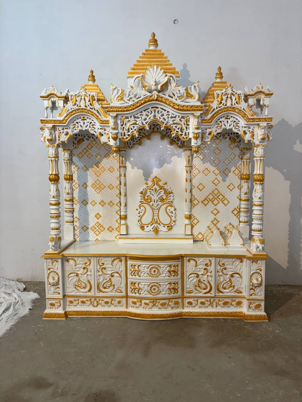 8 Feet Handcrafted Pooja Mandir with Storage | White & Golden Finish - Mandir Bazaar8 Feet Handcrafted Pooja Mandir with Storage | White & Golden FinishWooden Temple For Home