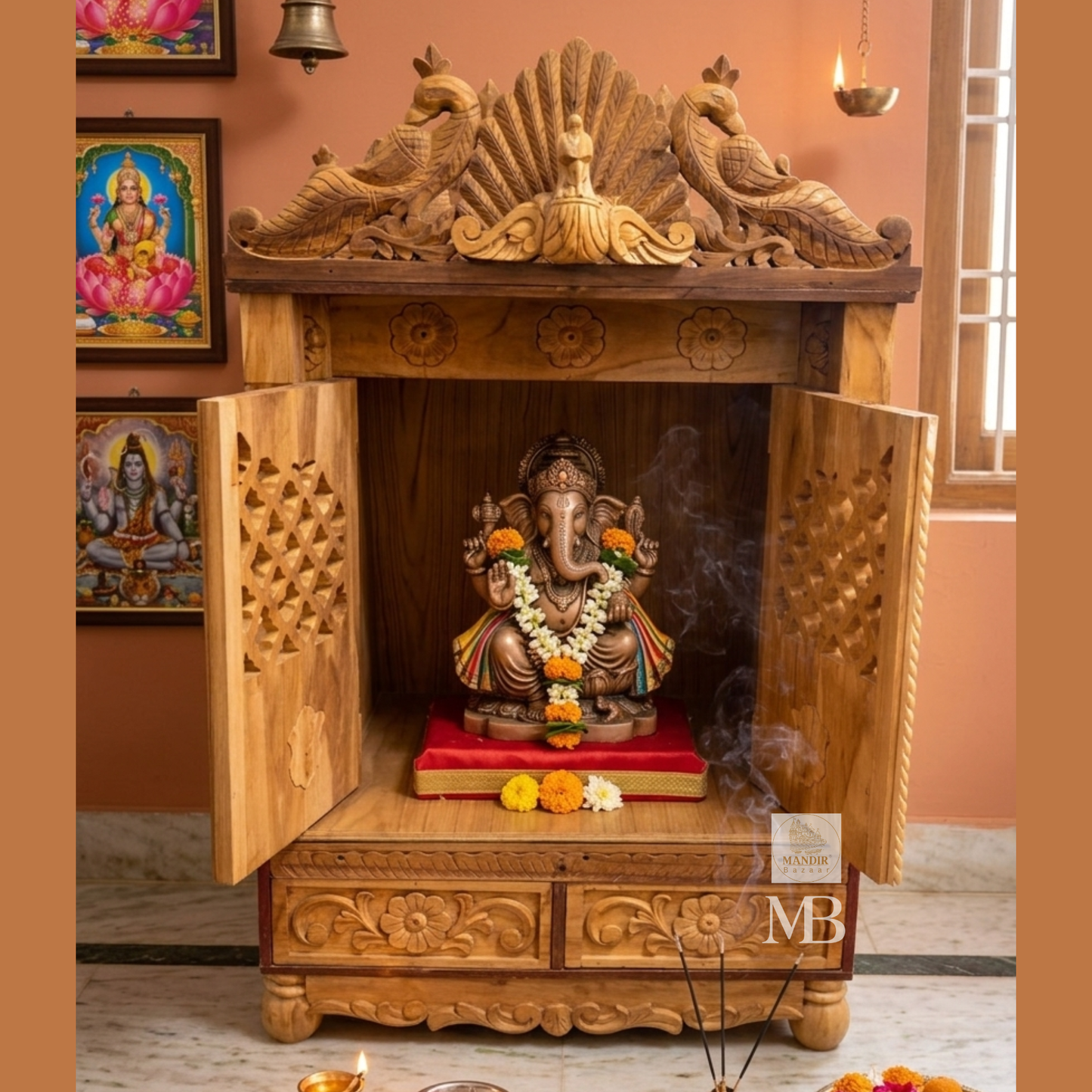  Luxury handcrafted wooden pooja mandir made from solid teak wood with storage drawer and carved doors.  