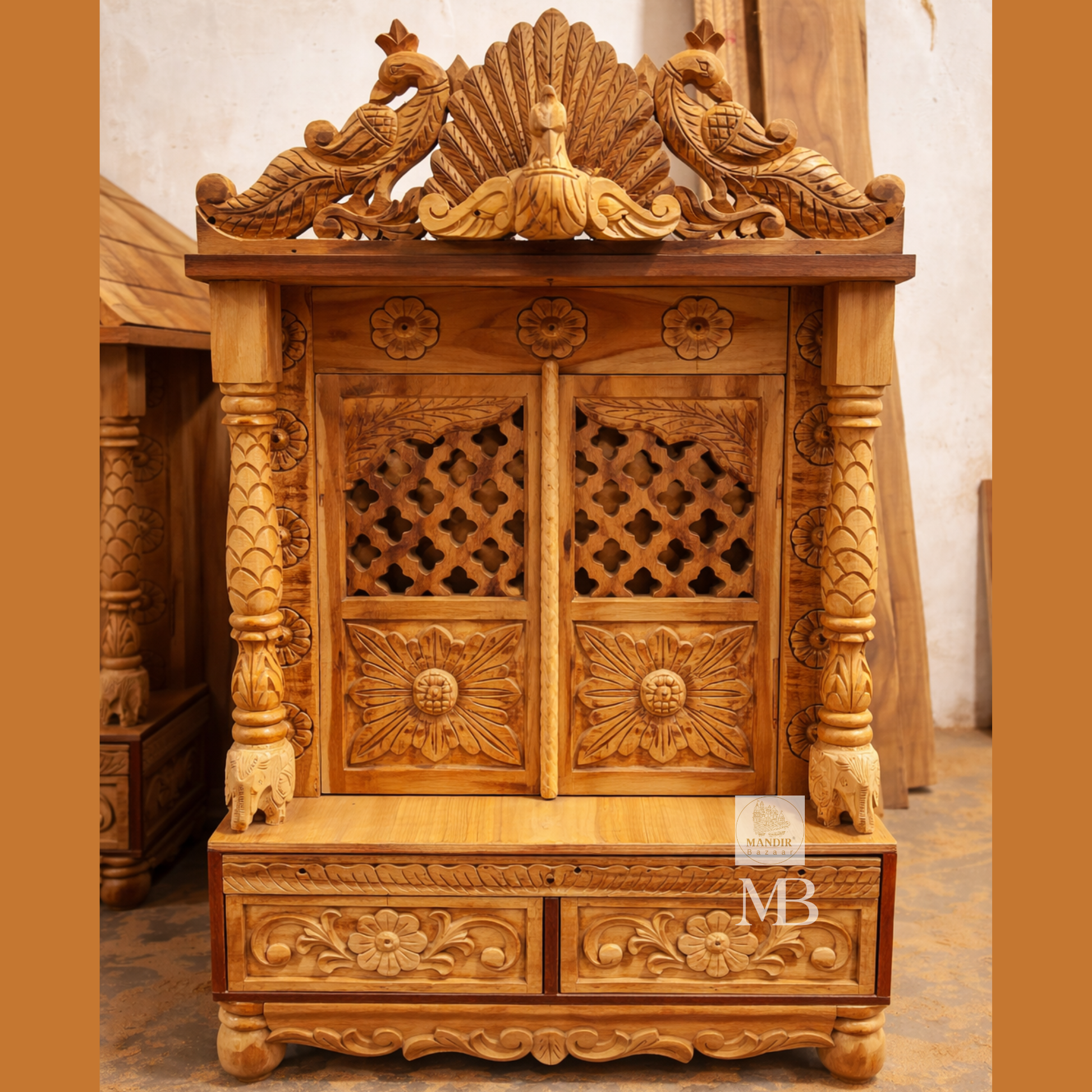   Luxury handcrafted wooden pooja mandir made from solid teak wood with storage drawer and carved doors.  