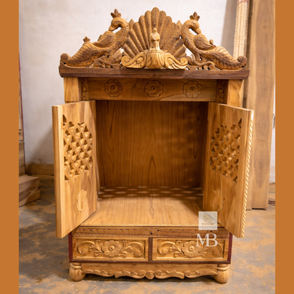  Luxury handcrafted wooden pooja mandir made from solid teak wood with storage drawer and carved doors