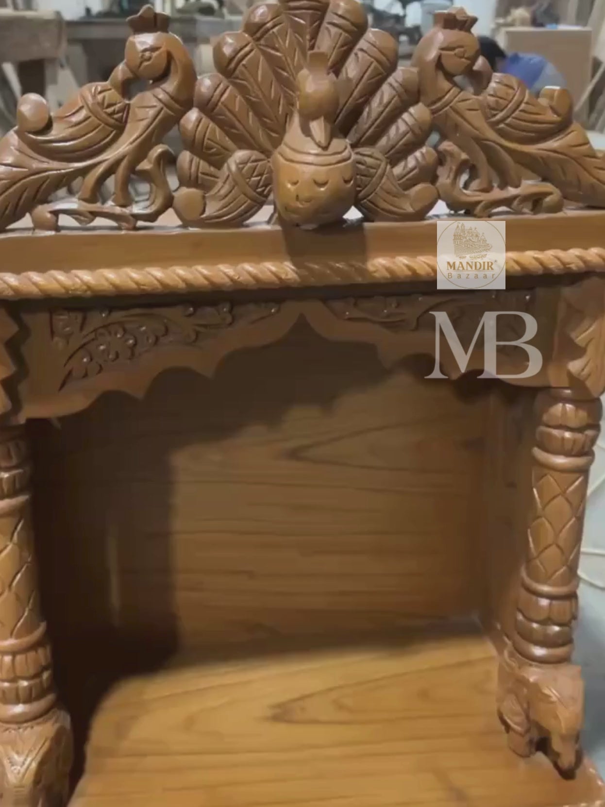 handcrafted Sheesham wood open temple with dancing peacock crest and carved drawer