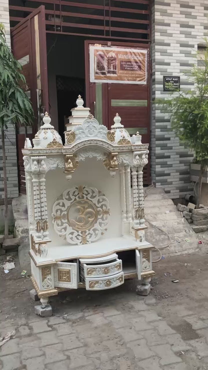 Handcrafted Wooden Temple – White & Gold Finish | Large Floor-Standing Pooja Mandir for Home
