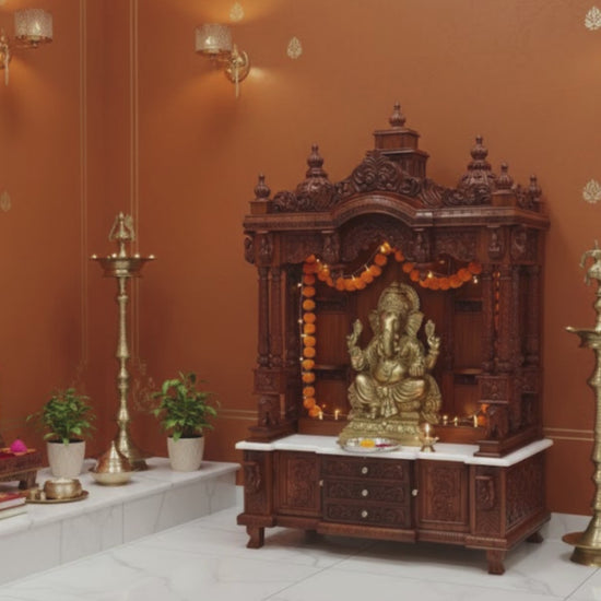 Carved wooden home temple with traditional floral and ornamental details