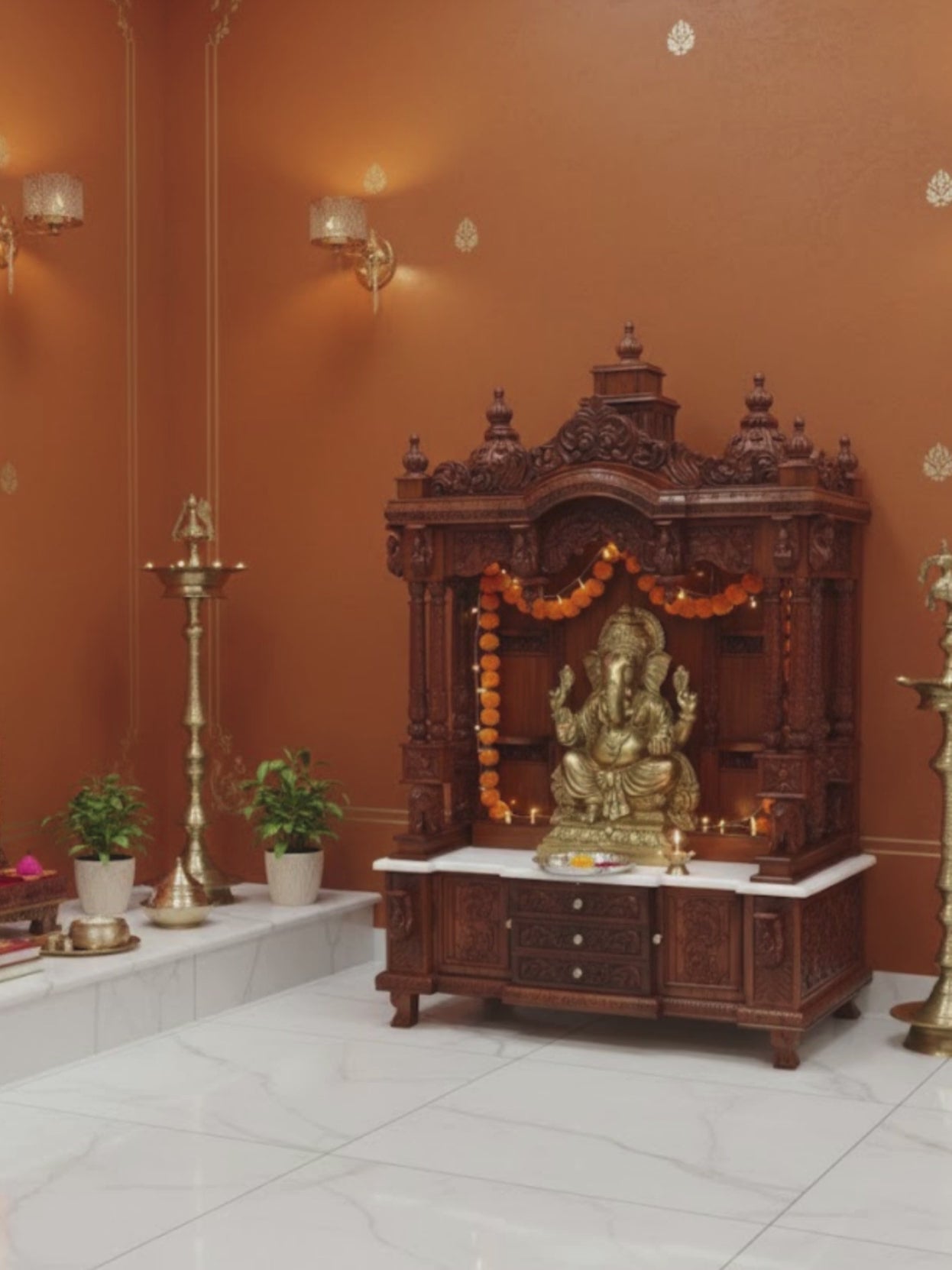 Carved wooden home temple with traditional floral and ornamental details