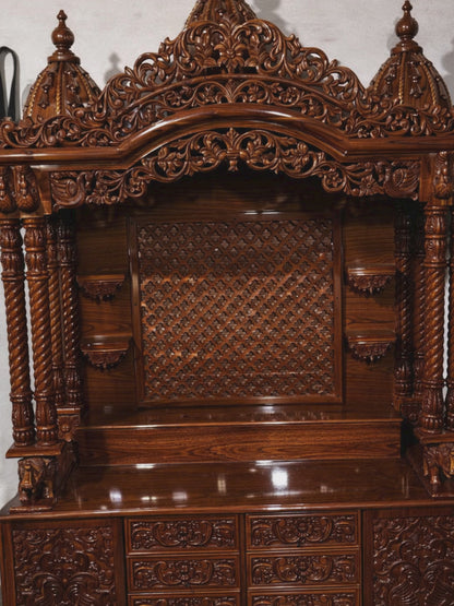 Luxury Sheesham wood pooja mandir with walnut brown high gloss finish, hand carving and multiple storage drawers