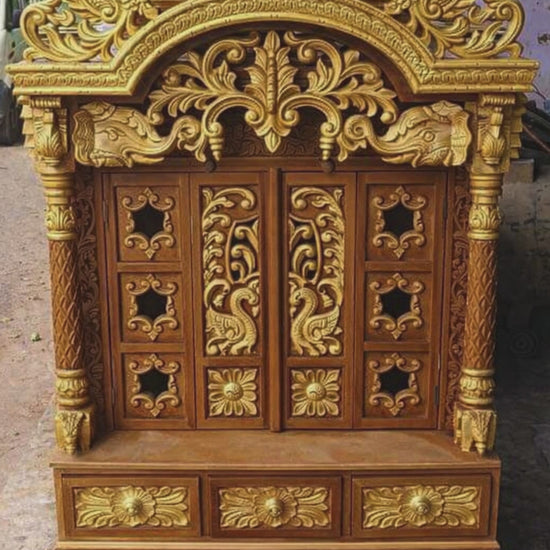 3 feet tall Sheesham wood home temple with arched peacock shikhara and closed folding doors