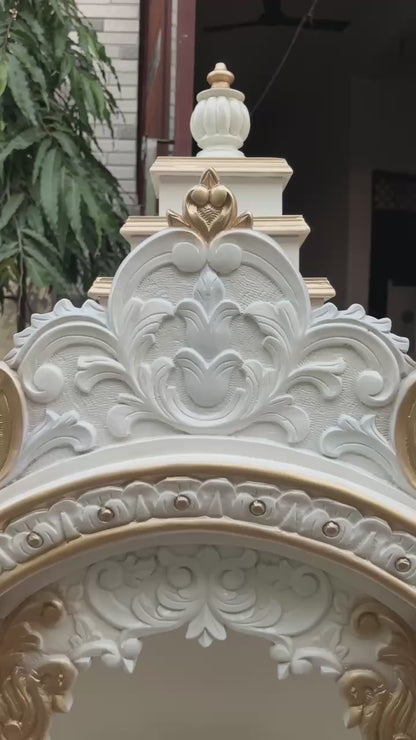 Handcrafted Wooden Temple – White & Gold Finish | Large Floor-Standing Pooja Mandir for Home