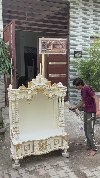 Handcrafted Wooden Temple – White & Gold Finish | Large Floor-Standing Pooja Mandir for Home