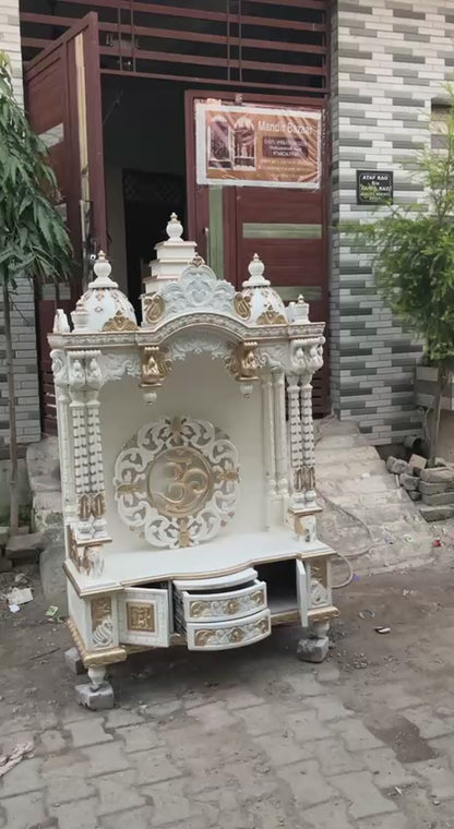 Handcrafted Wooden Temple – White & Gold Finish | Large Floor-Standing Pooja Mandir for Home