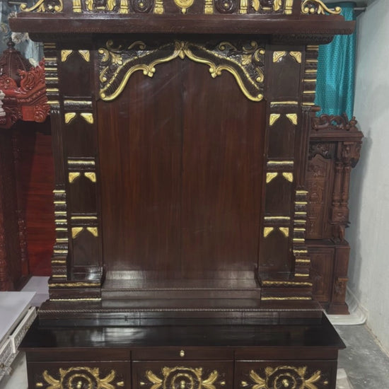Large teak wood home temple with spacious prayer area suitable for large Hindu idols