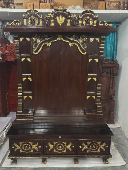 Large teak wood home temple with spacious prayer area suitable for large Hindu idols