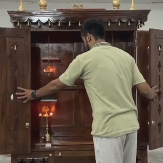 Handcrafted teak wood pooja mandir with storage cabinet, drawers, shelves and traditional brass bells