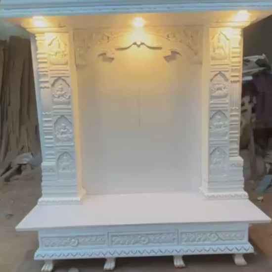 : 6 feet tall white Sheesham wood home temple with illuminated LED lights and Ashta Lakshmi carved pillars