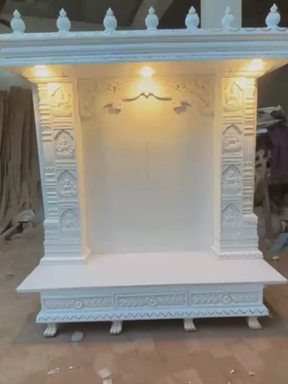 : 6 feet tall white Sheesham wood home temple with illuminated LED lights and Ashta Lakshmi carved pillars