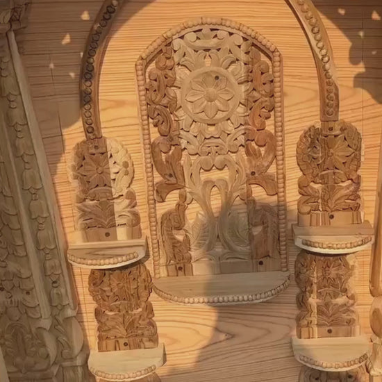 Hand carved wooden pooja mandir for home with traditional Indian temple design