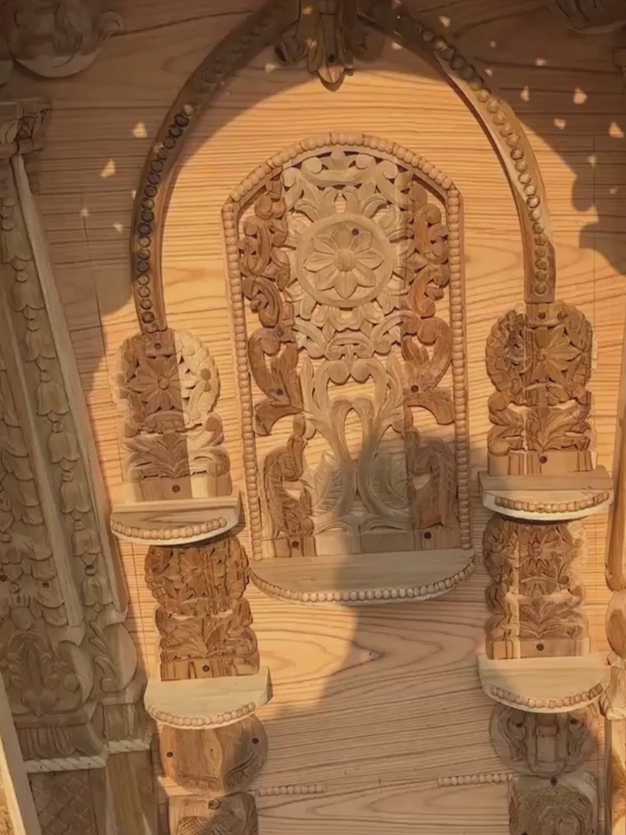 Hand carved wooden pooja mandir for home with traditional Indian temple design