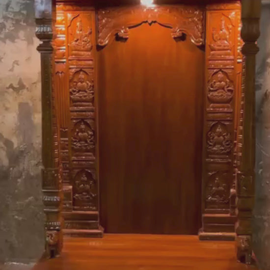 6 feet tall Sheesham wood home temple with illuminated LED lighting and Ashta Lakshmi pillars (Brass idol not included)