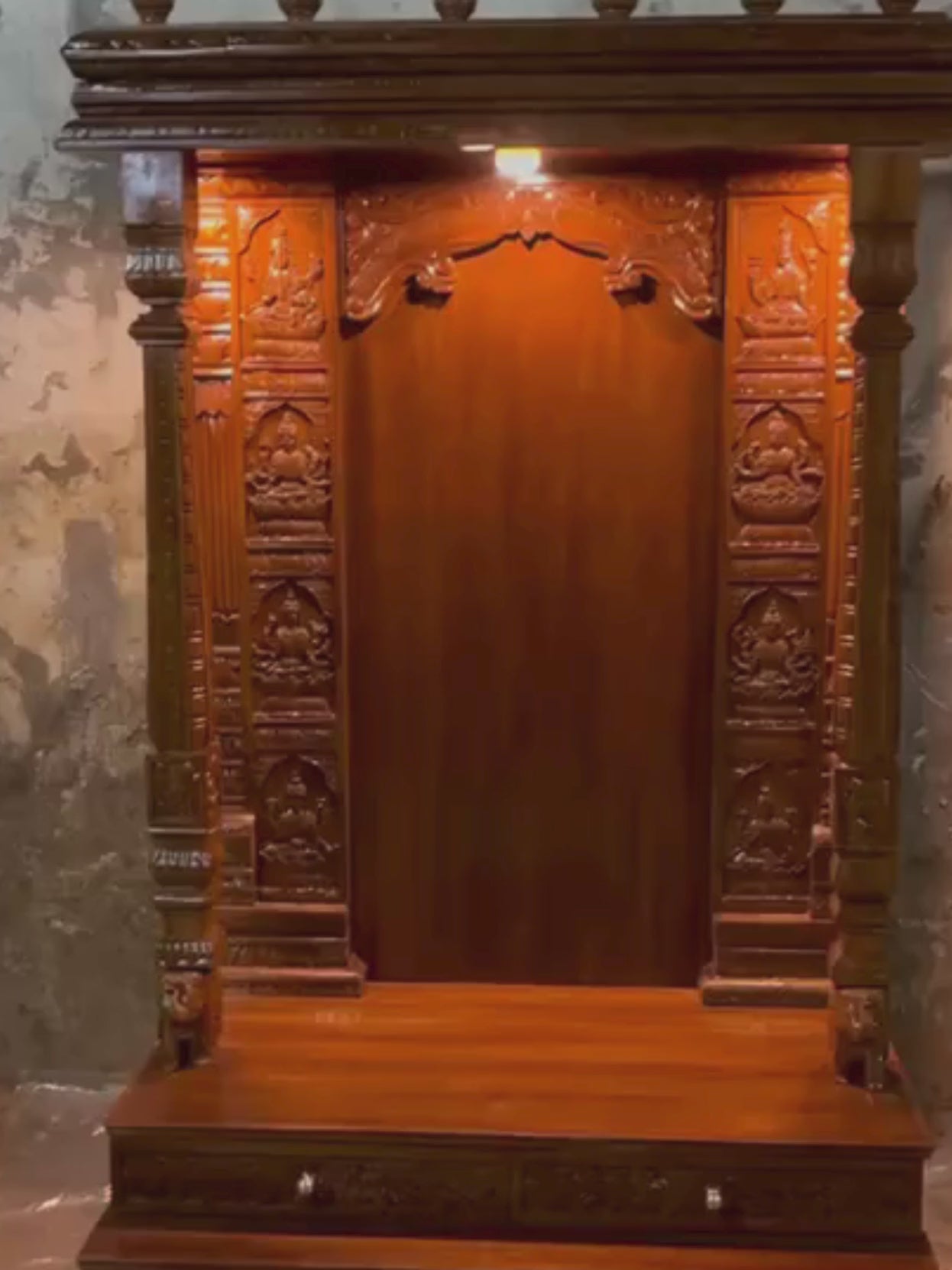 6 feet tall Sheesham wood home temple with illuminated LED lighting and Ashta Lakshmi pillars (Brass idol not included)