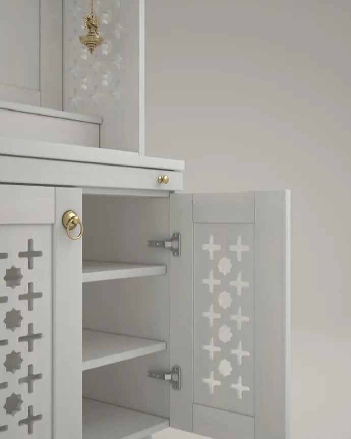 Elegant white wooden pooja temple with storage shelves
