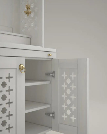 Elegant white wooden pooja temple with storage shelves