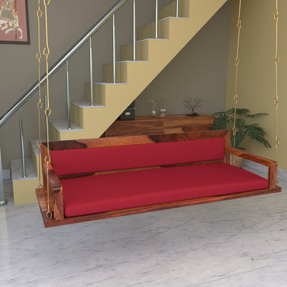 Red back heritage style wooden swing with velvet upholstery