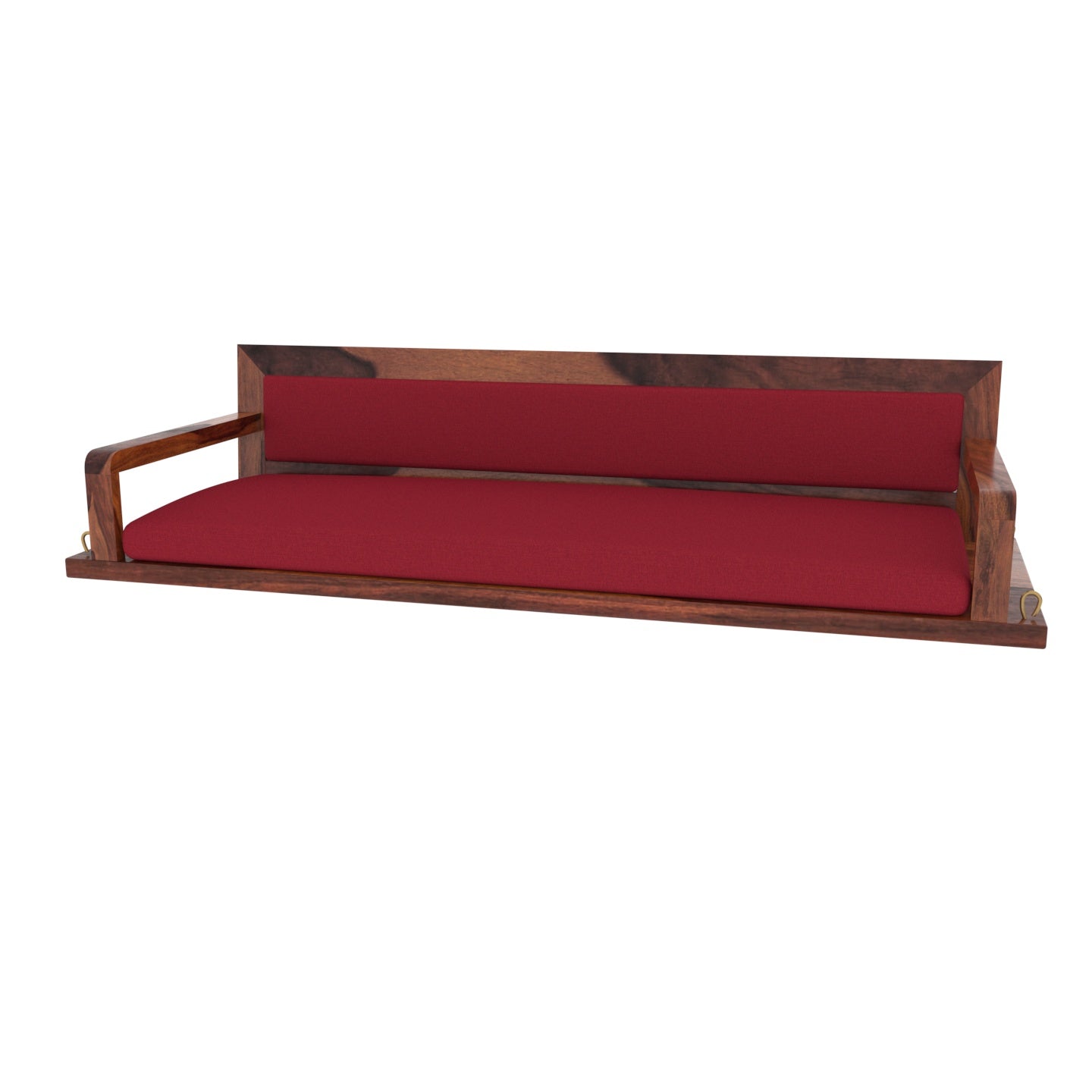 Red velvet upholstered back of heritage wooden swing