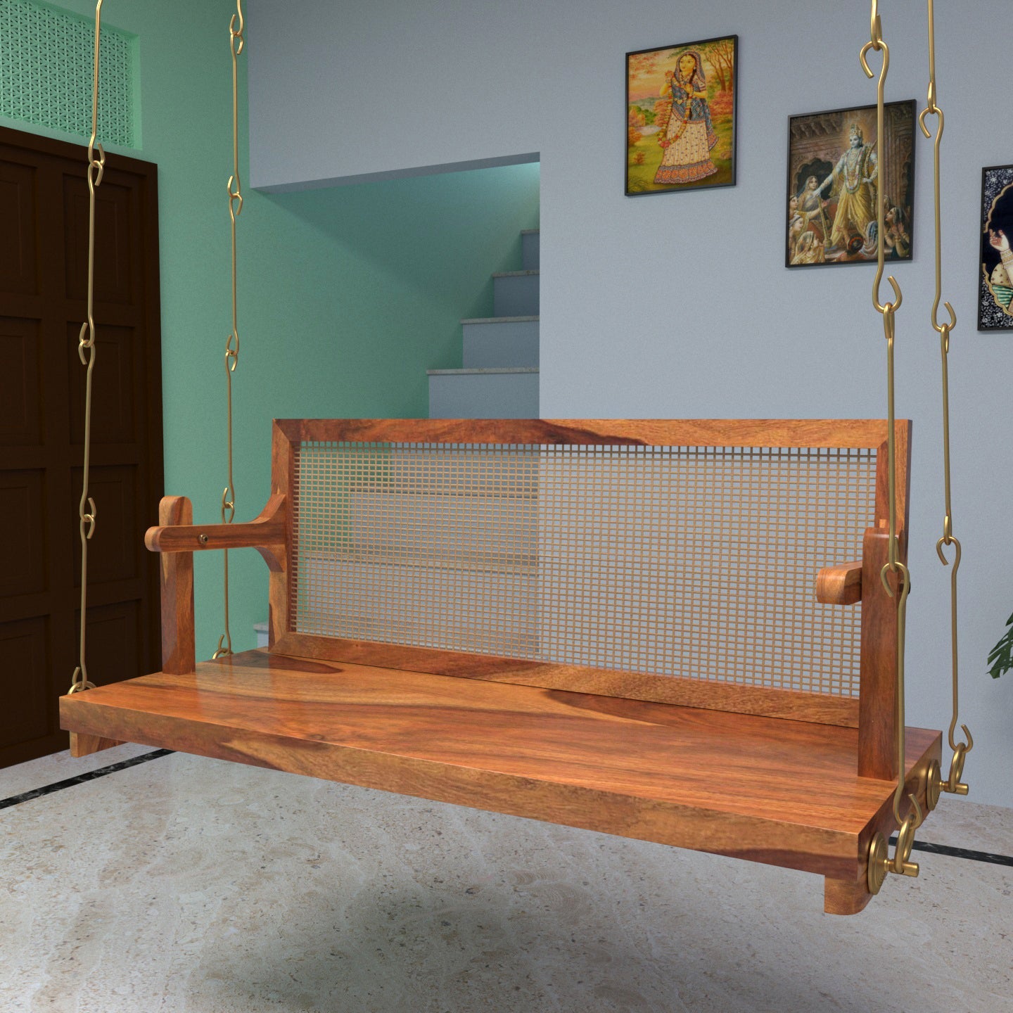 Reversible cane back handmade wooden swing for home