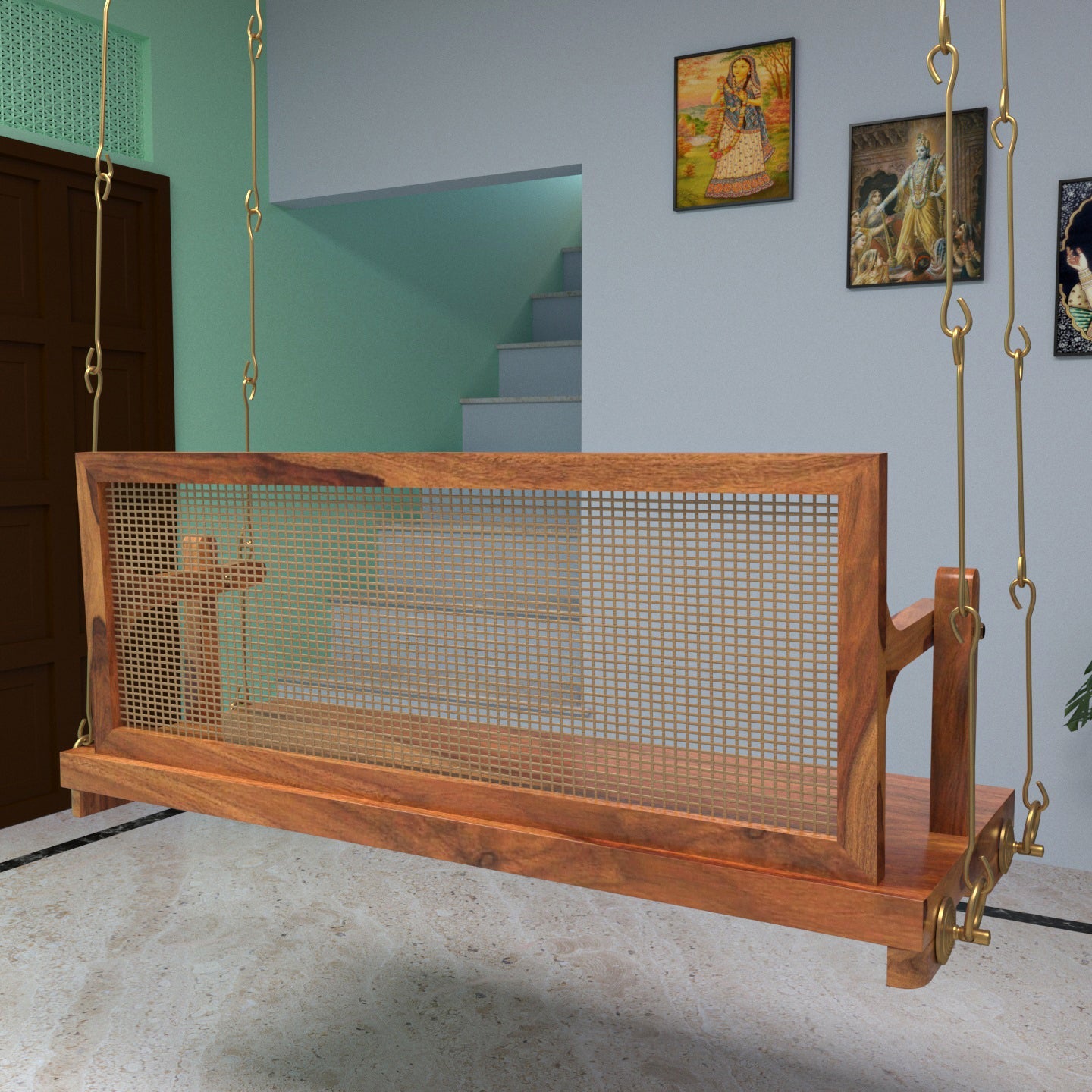 Handmade wooden jhula with natural cane detailing