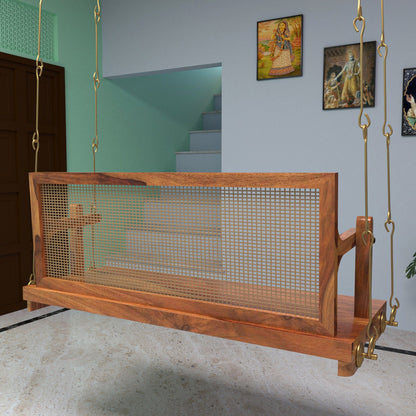 Handmade wooden jhula with natural cane detailing