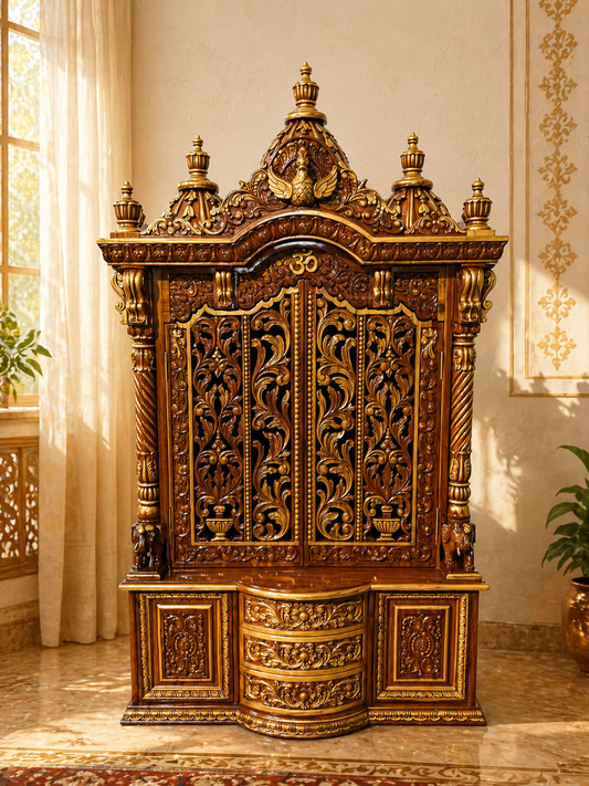 6 feet tall royal Sheesham wood home temple with gold carving highlights and closed jali doors