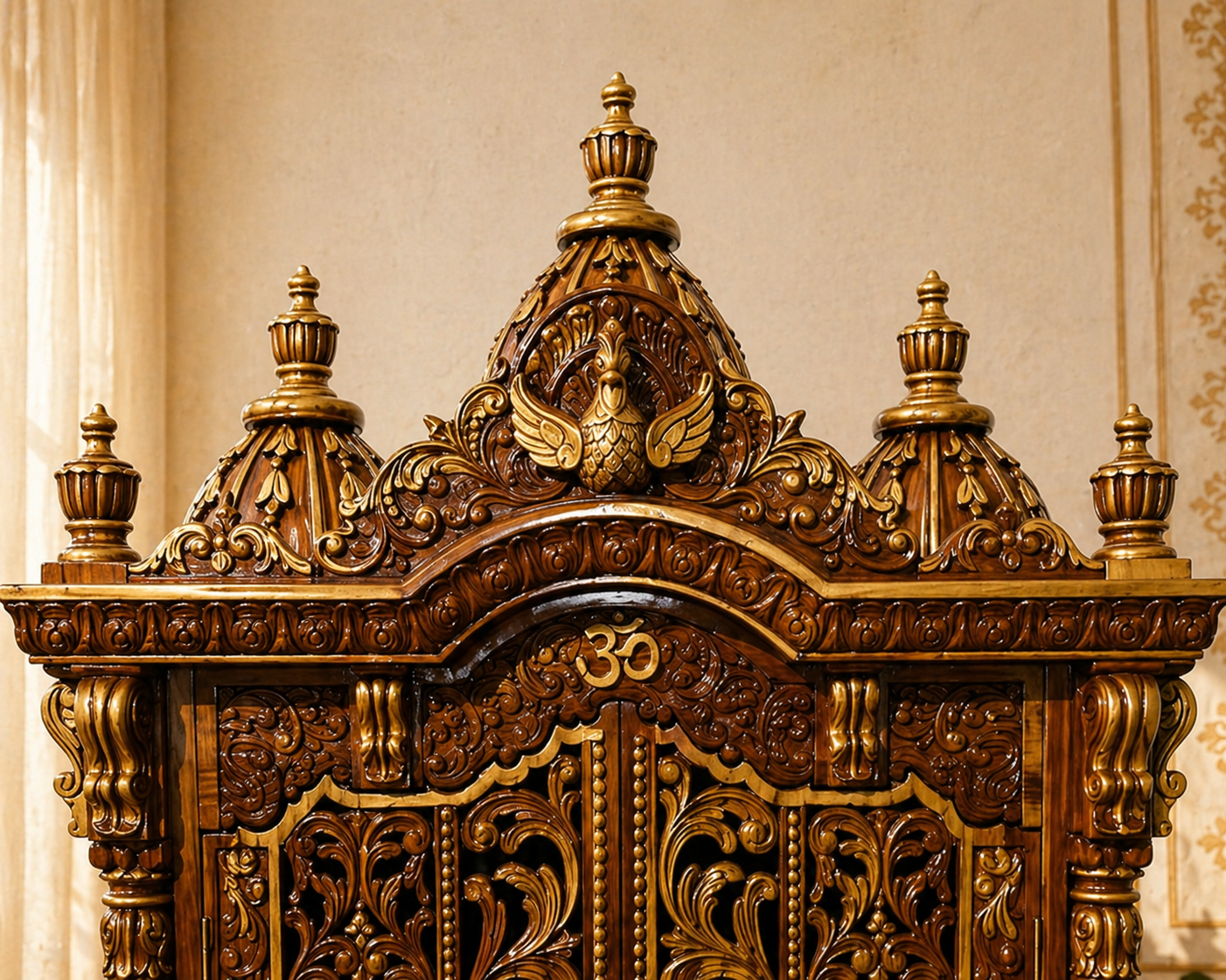 6 feet tall royal Sheesham wood home temple with gold carving highlights and closed jali doors