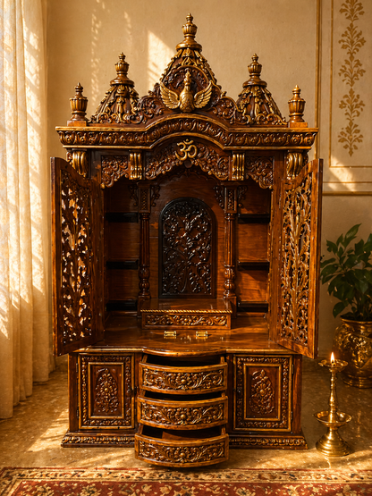 Open view of inner sanctum altar pedestal and pulled out curved drawers of Sheesham wood home mandir