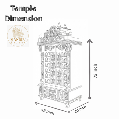Technical dimension diagram showing 72 inch height, 42 inch width, and 20 inch depth for wooden mandir