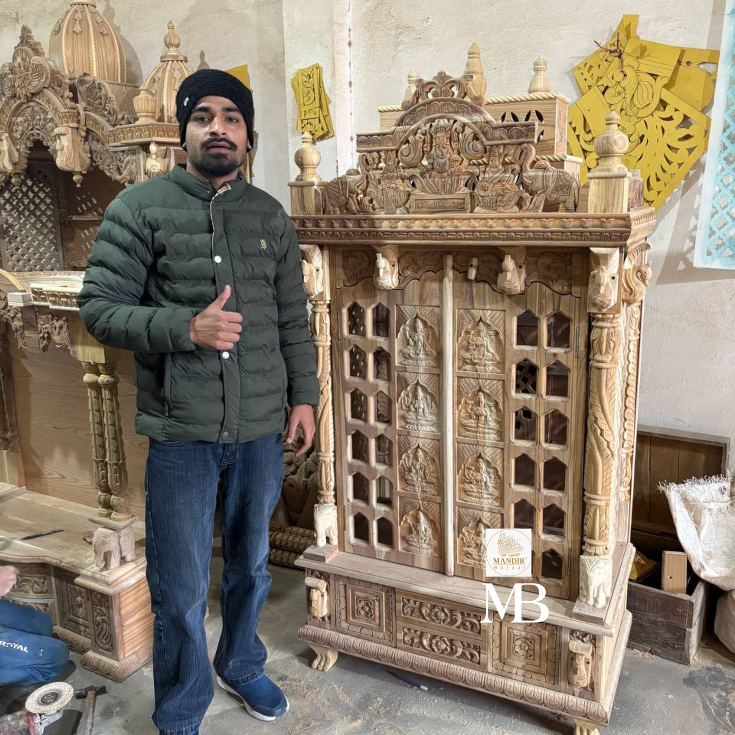 Feature callout graphic highlighting genuine brass bells, gold Ashtalakshmi carvings, and carved Om panel