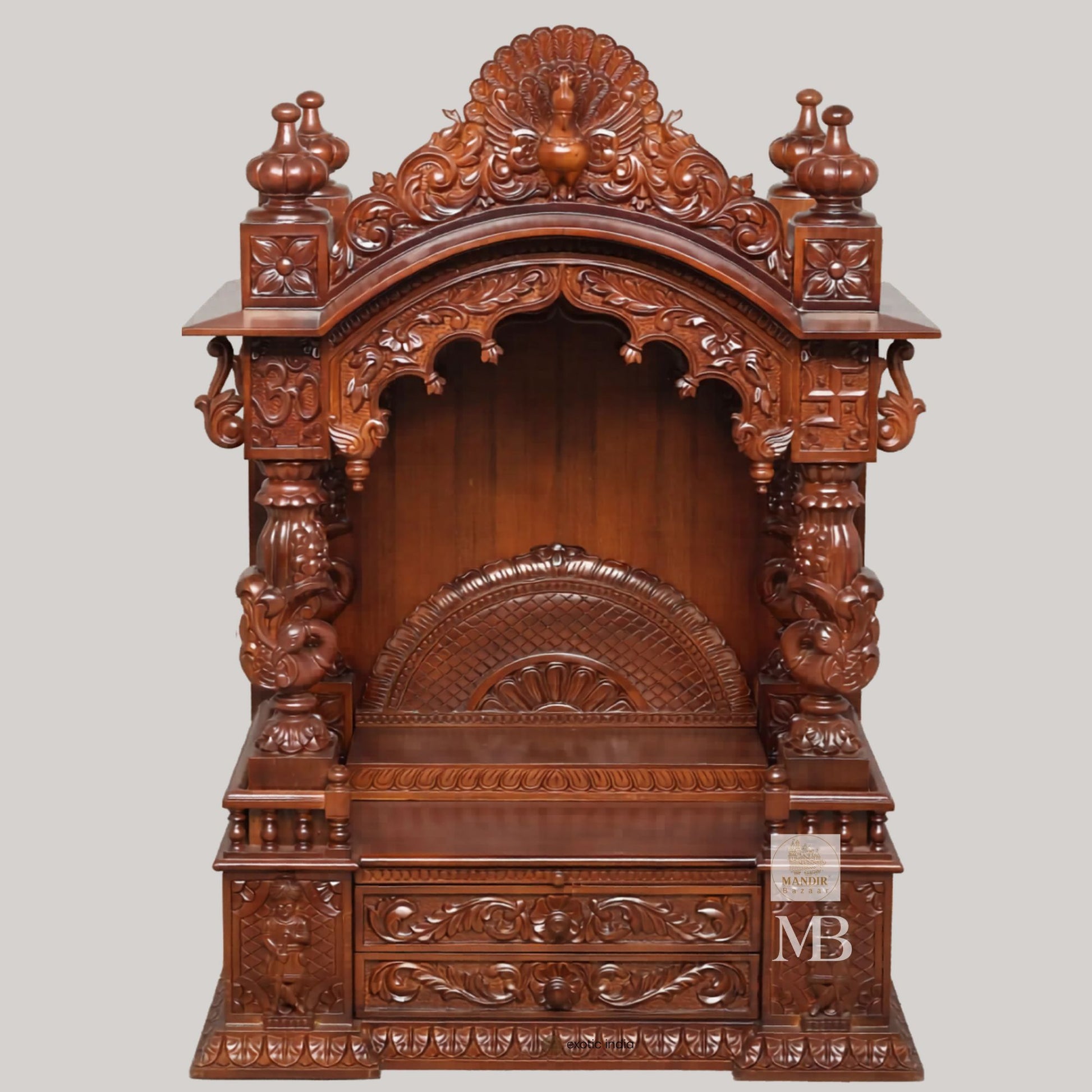 Sheesham wood home temple with carved pillars spacious pooja area and storage drawers