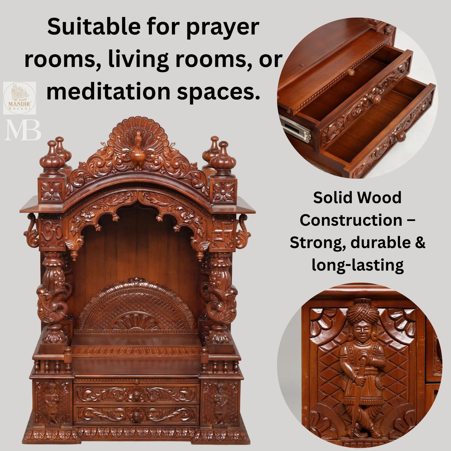Sheesham wood home temple with carved pillars spacious pooja area and storage drawers