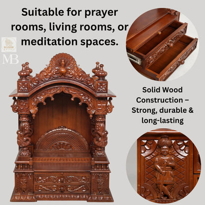 Sheesham wood home temple with carved pillars spacious pooja area and storage drawers
