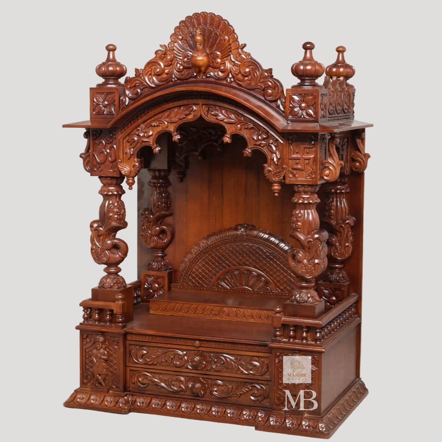 Sheesham wood home temple with carved pillars spacious pooja area and storage drawers