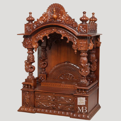 Sheesham wood home temple with carved pillars spacious pooja area and storage drawers