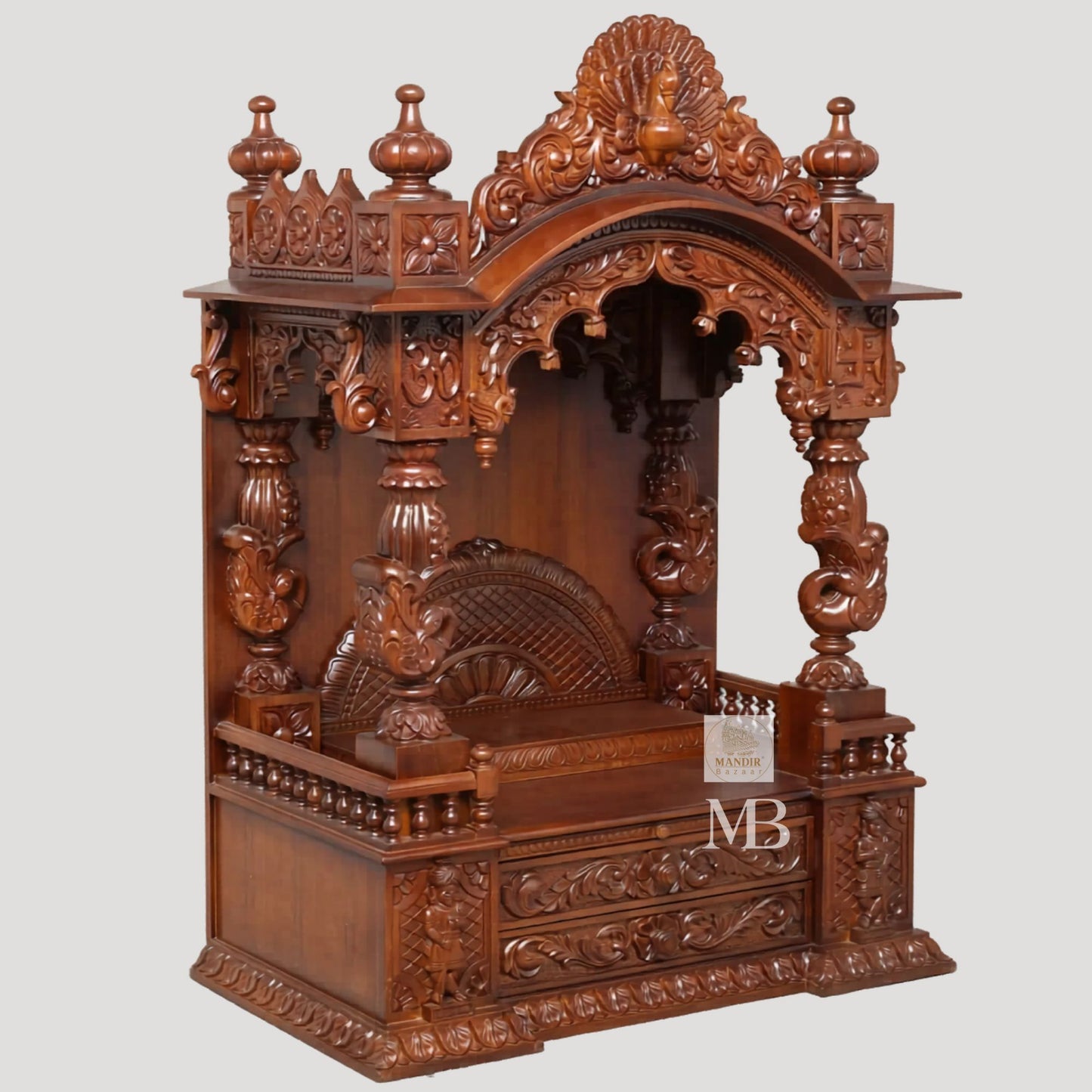 Sheesham wood home temple with carved pillars spacious pooja area and storage drawers