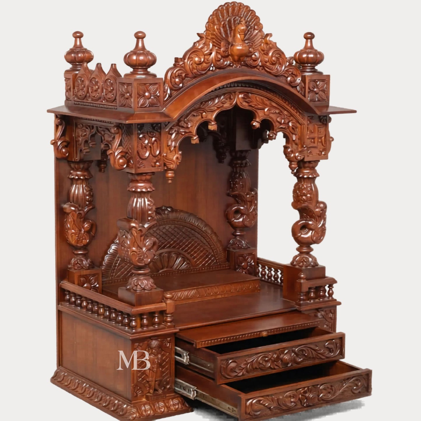Sheesham wood home temple with carved pillars spacious pooja area and storage drawers