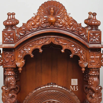 Sheesham wood home temple with carved pillars spacious pooja area and storage drawers