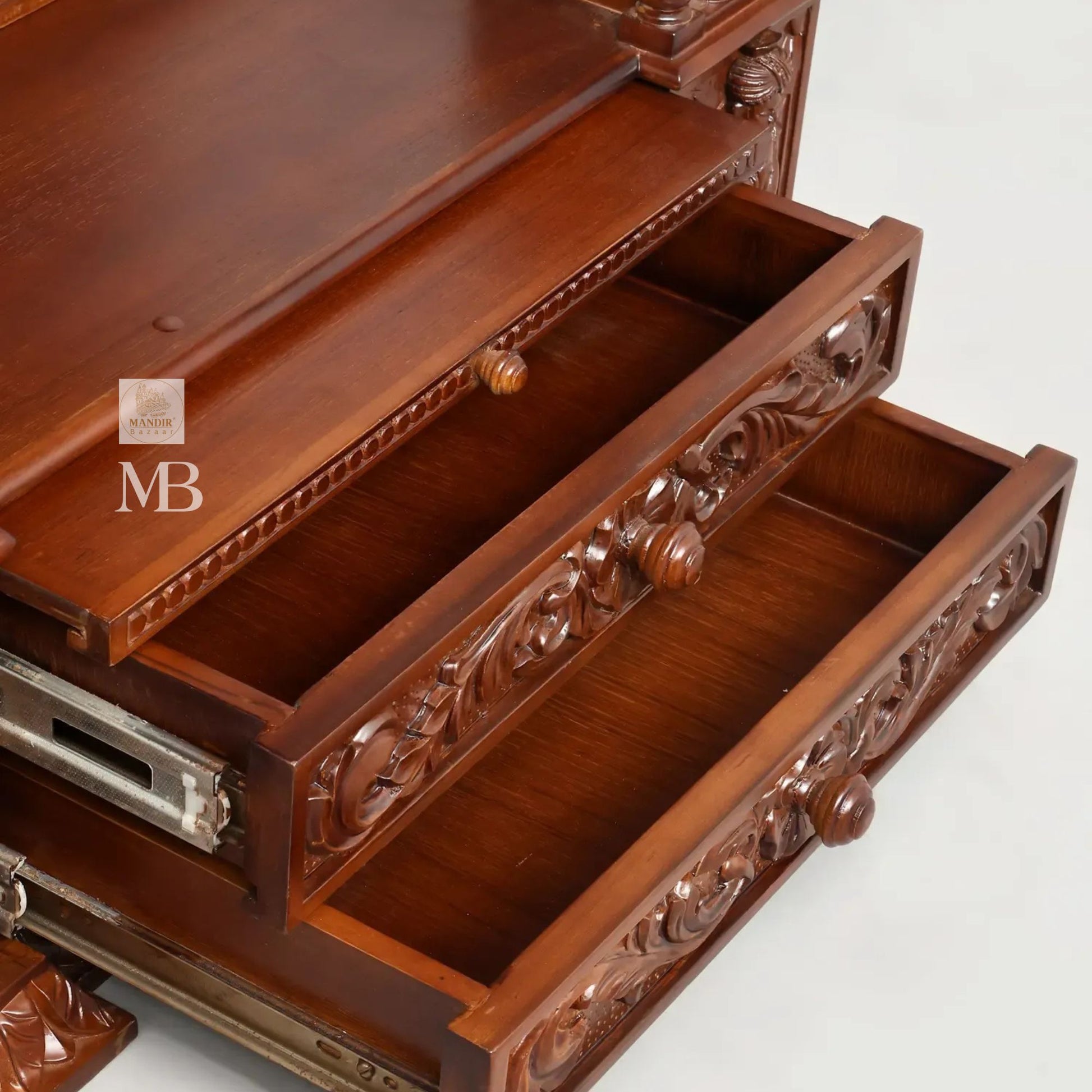 Sheesham wood home temple with carved pillars spacious pooja area and storage drawers