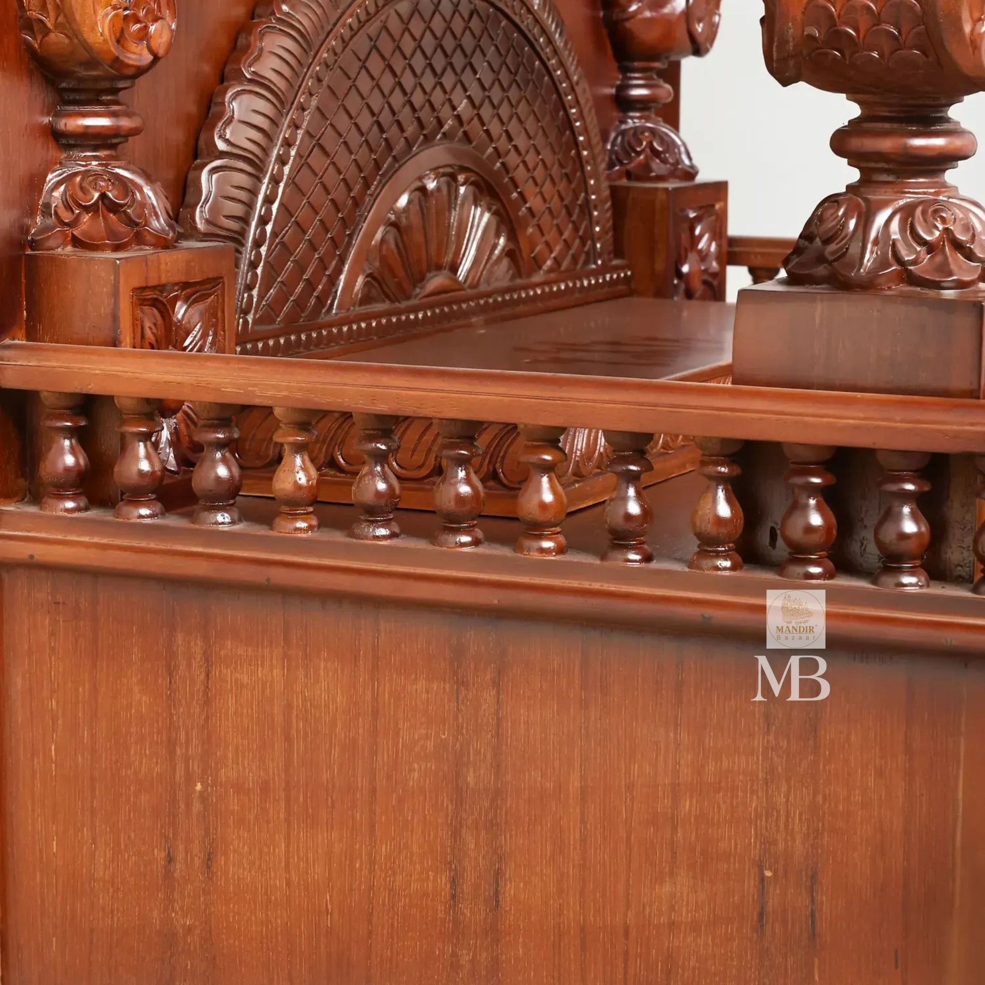 Sheesham wood home temple with carved pillars spacious pooja area and storage drawers