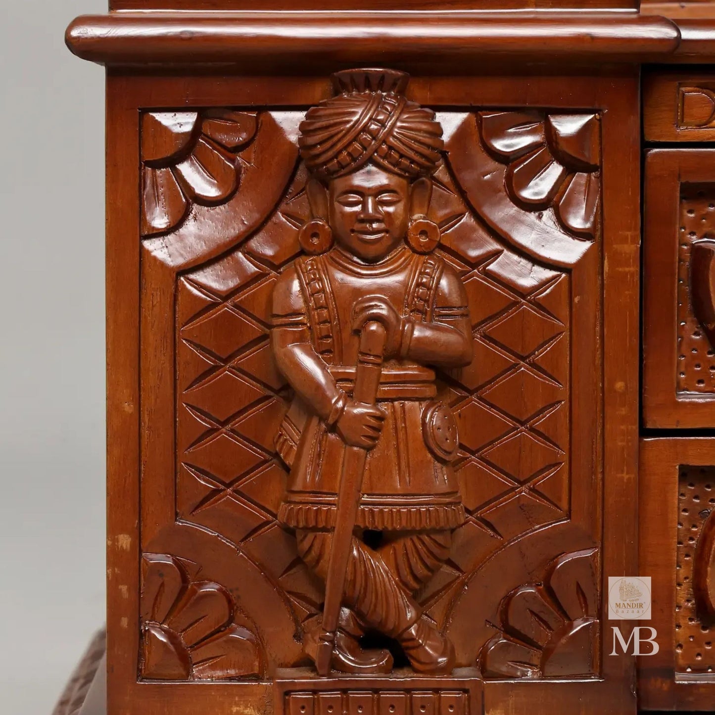 Sheesham wood home temple with carved pillars spacious pooja area and storage drawers