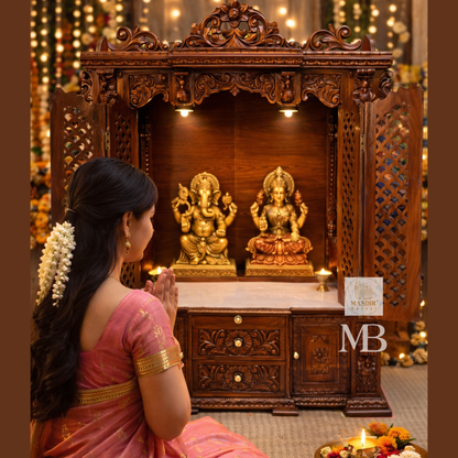 Bottom storage cabinet featuring floral carved drawers and side doors on antique Sheesham wooden temple