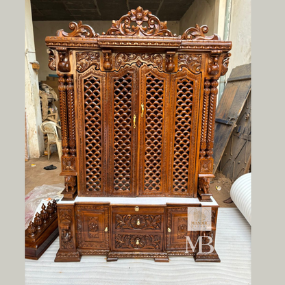 6 feet tall handcrafted solid Sheesham wood home temple with closed folding jali doors and storage cabinet