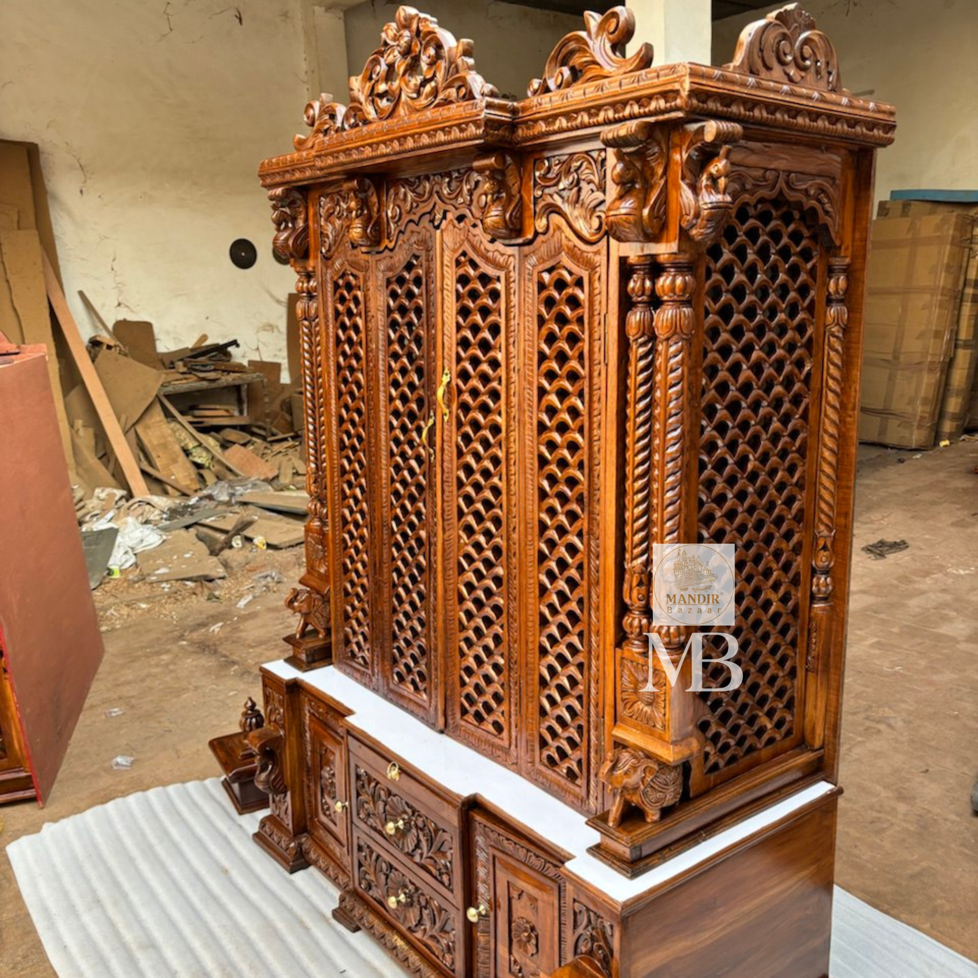 6 feet tall handcrafted solid Sheesham wood home temple with closed folding jali doors and storage cabinet