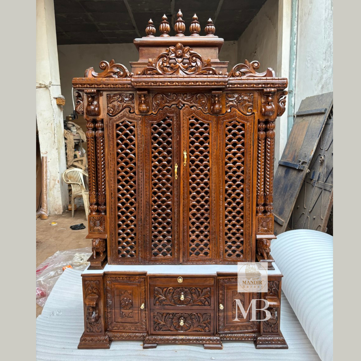 Open view of spacious inner altar sanctum inside 6-foot Sheesham wood home temple with open lattice doors
