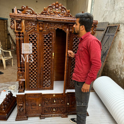Open view of spacious inner altar sanctum inside 6-foot Sheesham wood home temple with open lattice doors